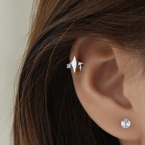 Orecchini a Clip Stella a Quattro Punte in Argento Sterling S925 Con Zirconia Intarsiata Senza Perforazione per Donna Gioielli