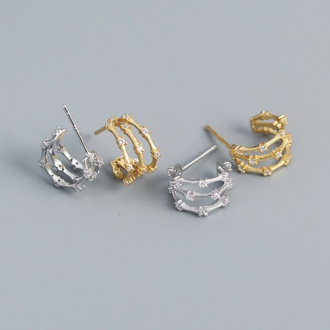 Orecchini A Cerchio Snodo In Bamboo Argento Sterling 925 Tripla Fila Zircone Geometrico Stile Francese Gioielli Donna