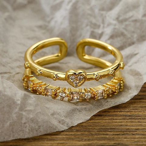 Copper Heart Double Layer Open Ring Gold Plated Zircon Adjustable Geometric Finger Jewelry For Women Daily Fashion Gift