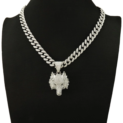 Wolf Head Pendant Necklace Iced Out Rhinestone Cuban Link Chain Hip Hop Rapper Jewelry For Men Women Alloy Bold