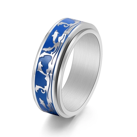 Bague Spinner Homme Acier Titane Dauphin Vague Océan Émail Rotative Soulagement Du Stress Bijoux Band Mode Sportive