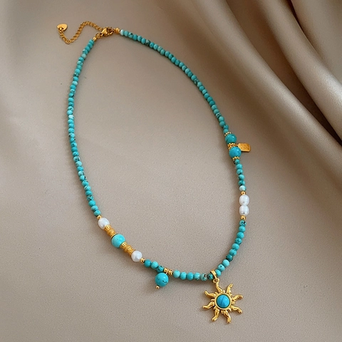 Collana Con Ciondolo A Sole Con Perline In Pietra Turchese E Künstliche Perle Imitazione Dorato Gioielli Bohemian Vintage Per Donna