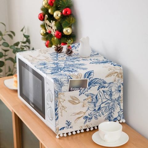 Copertura Antipolvere Per Forno Microonde In Cotone Lino Con Tasche Laterali Bordo Con Pompon Bianchi Motivi Floreali Geometrici Arredamento Cucina