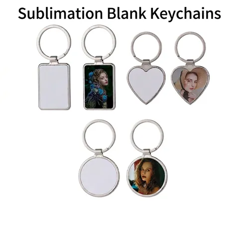 DIY Sublimation Blank Metal Keychain Heat Transfer Zinc Alloy Silver Heart Round Rectangle Key Ring For Personalized Gift