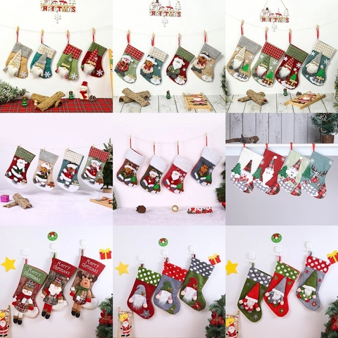 Kerstsokken Linnen Jute Pluche 3D Cartoon Kerstman Sneeuwpop Rendier Boom Open Haard Hangende Decoratie Cadeautassen