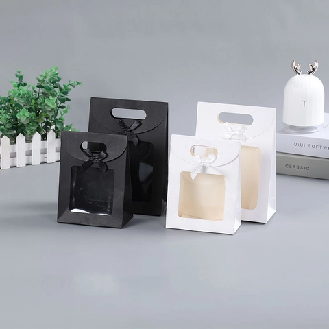 Elegant Cardboard Gift Bag With Transparent Window And Bow Ribbon Flip Cover Handheld For Wedding Party Favors