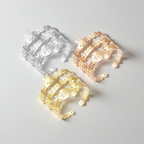 Offener Verstellbarer Ring Titanstahl Hohl Hase Chinesische Münze Glück Ethno Stil Schmuck Damen Herren