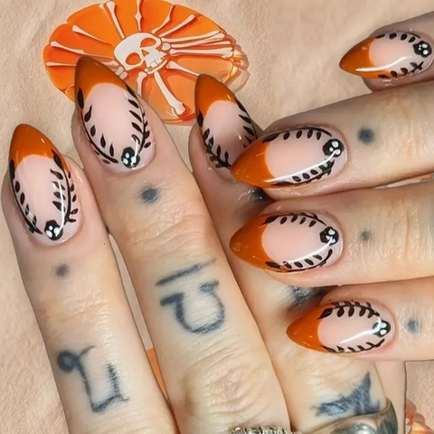 Halloween Kunstnägel Orange French Stiletto Falsche Nägel Mit Totenkopf Ranken Mustern Inklusive Gelee Kleber Und Feile