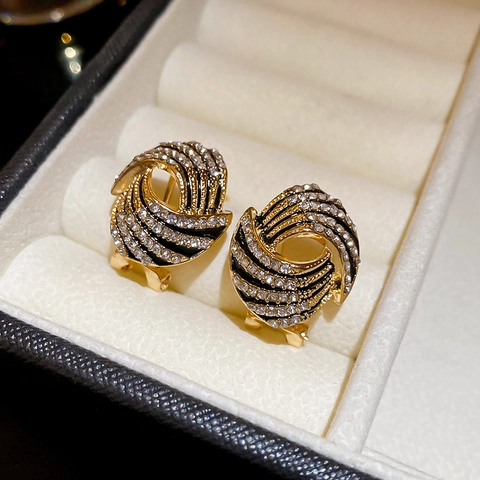 Retro Geometric Spiral Stud Earrings With Rhinestone And Black Enamel Accents 925 Sterling Silver Earring Post Fashion