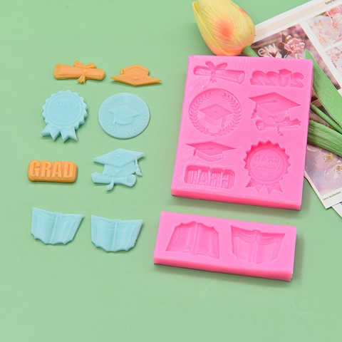 Graduation Cap Scroll Book Silicone Mold Fondant Chocolate Cake Decorating DIY Craft Baking Tool Non Stick Pink