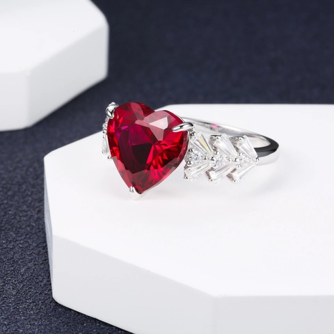 925 Sterling Silver Red Heart Rhinestone Ring Ice Flower Cut Ruby Style Inlaid Heart Shape Ring Jewelry Gift For Women