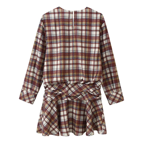 Plaid Mini Kleid Rundhalsausschnitt Langarm Knoten Taille Retro Lässig Elegant Polyester Kurz Damen