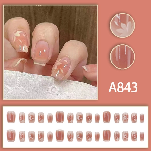 Künstliche Nägel Pfirsich Rosa Verlauf Kurz Quadratisch Mit Weißem Blumendesign Glänzende Nägel Für Damen