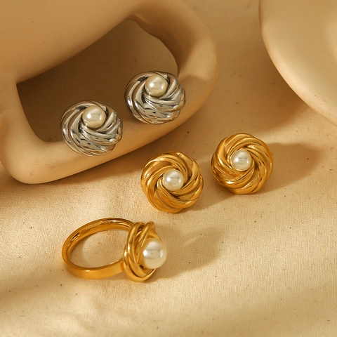 Elegant Swirl Flower Stud Earrings And Artificial Pearl Ring Stainless Steel Vintage French Style Jewelry For Women Non Fading