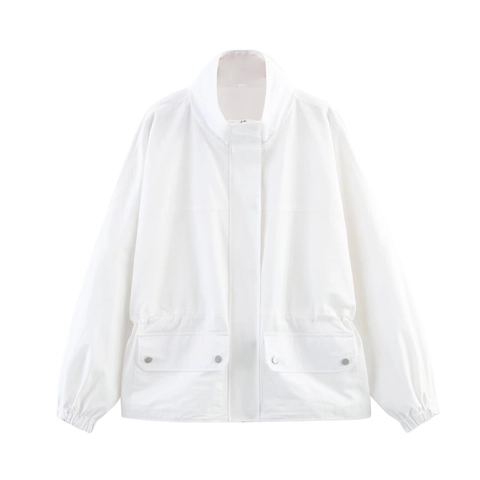 Women Stand Collar Jacket Drawstring Waist Utility Pockets Windproof Street Style Loose Fit Polyester Outwear