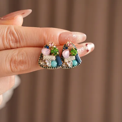 Boucles D'Oreilles À Tige Triangulaires Géométriques Vintage Avec Strass En Verre Multicolore Et Tige En Argent Pour Femme Style Bohème De Luxe
