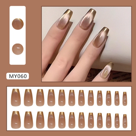 Press On Nails ABS Plastic Long Coffin Shape Removable Cat Eye Effect French Tip Champagne Gold Brown Elegant For Women