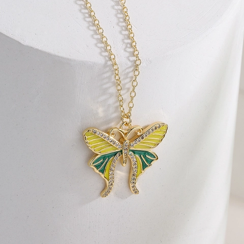 Butterfly Pendant Necklace Copper 18K Gold Plated Colorful Enamel Zircon Stone Jewelry For Women Girls Elegant Ins Style