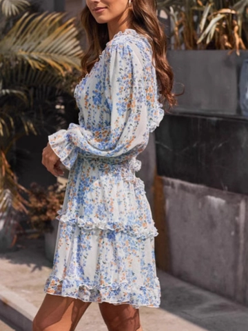 Floral Mini Dress V Neck Backless Long Bubble Sleeve Tiered Ruffle Hem High Waist Boho Vacation Chiffon For Women