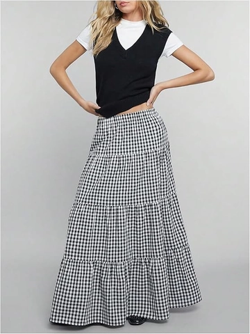 Women Gingham Plaid Tiered Long Skirt High Waist Elastic A-Line Layered Retro Casual Maxi Skirts Polyester