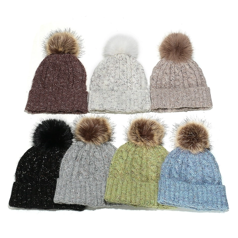 Berretto In Maglia Invernale Da Donna Con Pompon In Pelliccia Sintetica Termico Trecce Risvolto Acrilico All'aperto Caldo