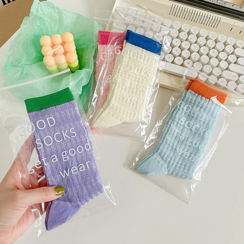 Women Mid Tube Socks Mesh Hollow Breathable Cotton Dopamine Contrast Color Summer Thin Fashion Hosiery