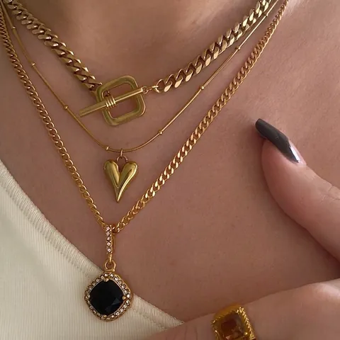Collana Multistrato In Rame Pendente Cuore Zircone Quadrato Choker Chiusura OT Gioielli Vintage Placcato Oro
