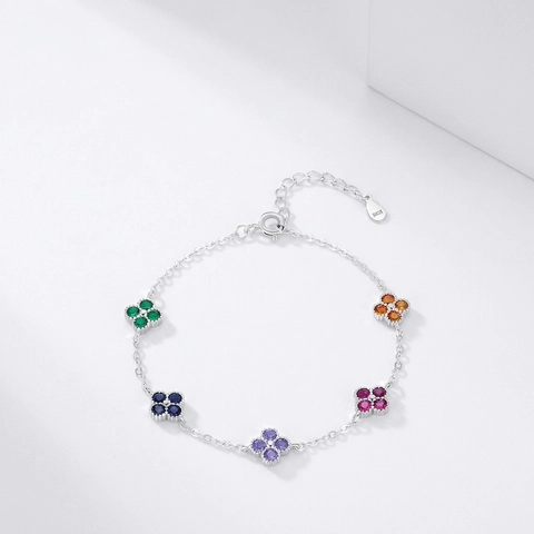 925 Sterling Silver Four Leaf Clover Bracelet Women Multicolor Zircon Lucky Jewelry Adjustable Chain Dopamine Style Gift