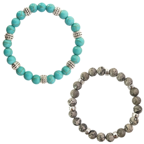 Bohemien Perlenarmband Mit Synthetischem Türkis Landkartenstein Und Legierungszwischenstücken Elastischer Schmuck