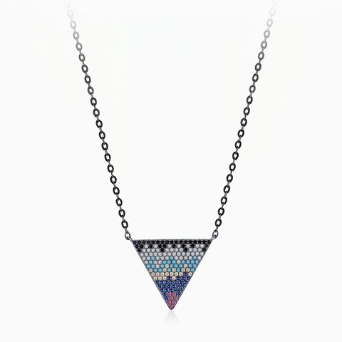 925 Sterling Silber Geometrische Dreieck Anhänger Halskette Mehrfarbiger Zirkonia Schwarz Gunmetal Platinierter Chic Schmuck Damen