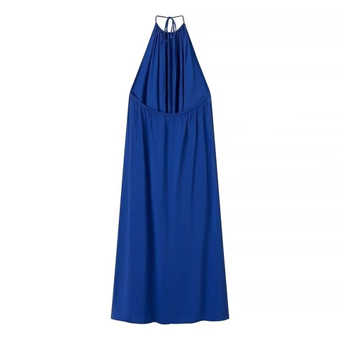 Damen Halfter Maxi Kleid Polyester Seidig Rückenfrei Plissee Ärmellos Elegant Sommer Urlaub Party Abend Blau