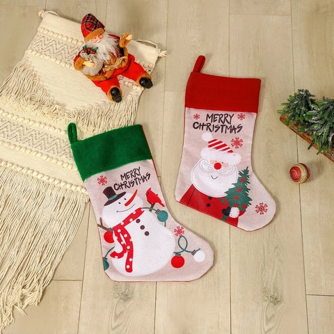 Calza di Natale Effetto Lino Motivo Babbo Natale Pupazzo di Neve Merry Christmas Ornamenti da Appendere per Casa Festa