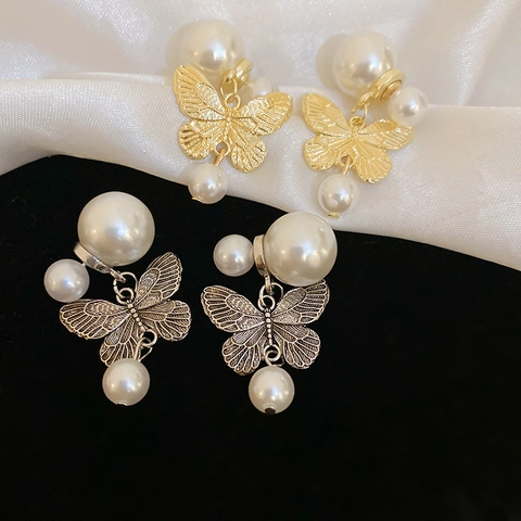 Butterfly Imitation Artificial Pearl Earrings With Alloy And 925 Sterling Silver Earring Post Retro French Style Women