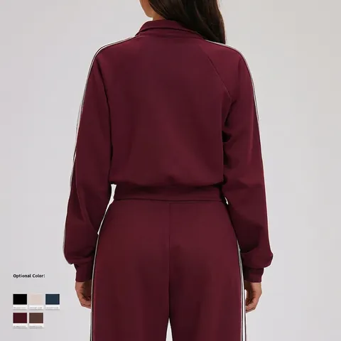 Women Tracksuits Stand Collar Full Zip Crop Jacket And Wide Leg Pants Cotton Polyester Blend Side Stripes Sports Casual