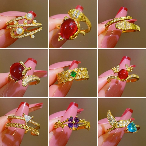 Adjustable Open Rings Brass Gold Plated Cubic Zirconia Faux Artificial Pearl Multi Style Geometric Vintage For Women
