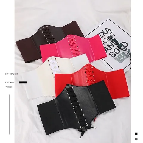 Dames Brede Korsetriem Kunstleer Elastische Taille Cincher Vetersluiting Cross Afslanken Vintage Paleis Stijl Accessoire