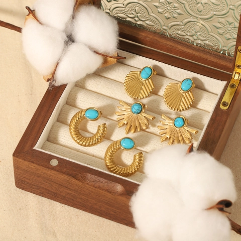 Turquoise Fan Shaped Stud Earrings Stainless Steel 18K Gold Plated Retro Geometric Jewelry For Women