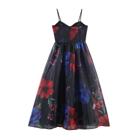 Abito Lungo In Organza Con Stampa Floreale Spalline Regolabili Cerniera Posteriore Svasato Linea A Sexy Elegante
