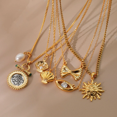 Collier Pendentif Soleil Mauvais Œil Nœud Coquillage Pour Femme Cuivre Plaqué Or 18 Carats Bijoux Rétro Boho Minimaliste