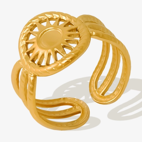Vintage Zon Patroon Open Ring Vrouwen 18K Verguld 304 Roestvrij Staal Boheems Meerlagig Verstelbare Vingering