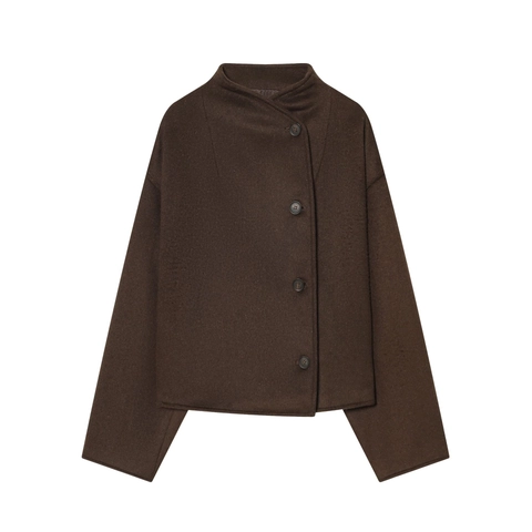 Chaqueta Corta De Mujer Textura De Lana Cuello Alto Manga Larga Color Sólido Casual Abrigo Holgado Poliéster Suave