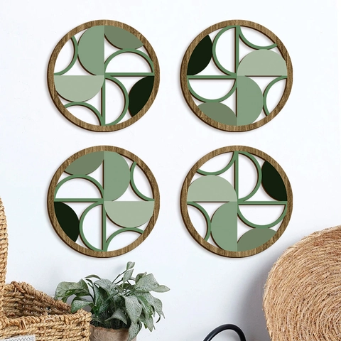 Round Geometric Wall Art Poplar Wood Hanging Decor Modern Abstract Green Tones Bohemian Style For Home Living Room