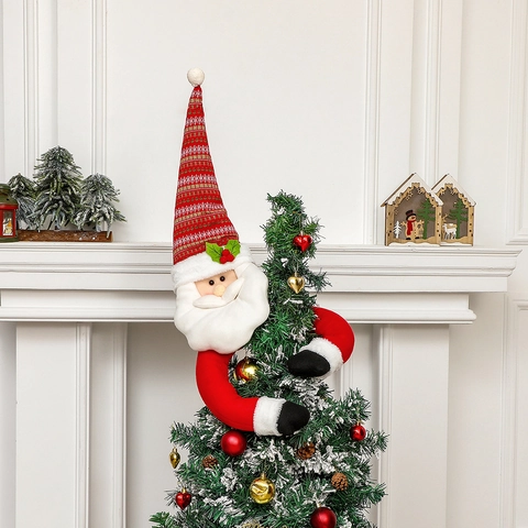 Christmas Tree Topper Hugger Santa Claus Snowman Long Arms Plush Ornament Xmas Home Party Decor Indoor Scene Layout Decoration