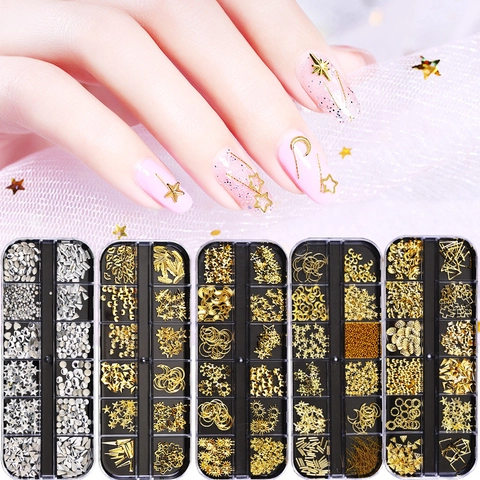 Gemischte Nagelkunst Dekoration Zubehör Metall Legierung Harz Strass Künstliche Perle Mehrgitter Box Stern Mond Herz Form DIY Maniküre