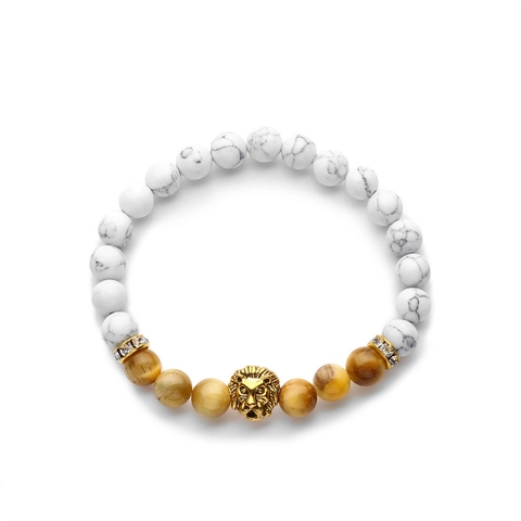 Lion Head Perlenarmband Tigerauge Stein Weißer Türkis Legierung Straßstein Elastisch Yoga Mode Herren Damen