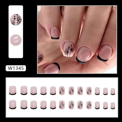 French Press On Nails Short Square Pink Black Petal Flower Design Glossy False Nails For Women Daily Wear