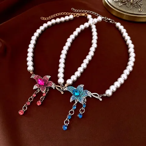 Collana Künstliche Perle Vintage Francese Lega Strass Fiore Stella Marina Ciondolo Nappa Stile Palazzo Gioielli Per Donne