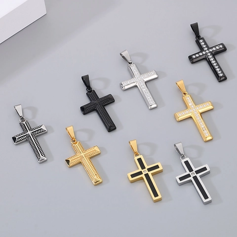 Roestvrijstalen Kruis Hanger Ketting Met Volledige Diamant Strass Inleg Getextureerd Neutrale Mode-Sieraden