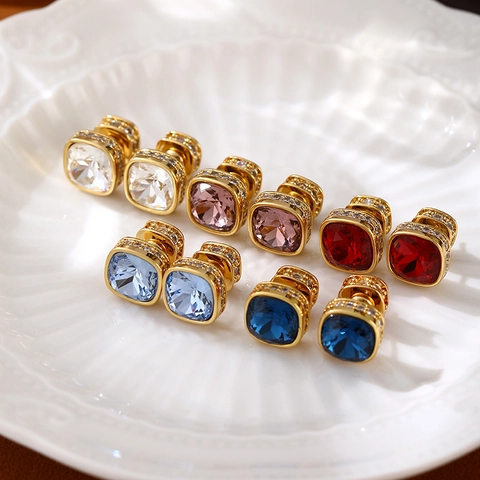 Square Crystal And Zircon Stud Earrings Copper With 18K Gold Plated Geometric Fashion Jewelry For Women