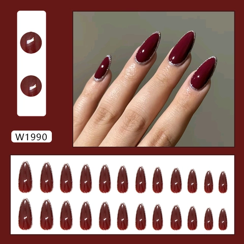 Burgundy Red Press On Nails With Silver Glitter Edge Almond Shape ABS Glossy Fake Nails Elegant Vintage Style For Women